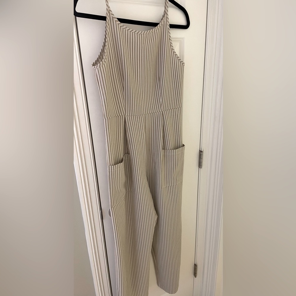 ROOLEE Spaghetti Strap Tan/White Striped Jumpsuit, Size Small